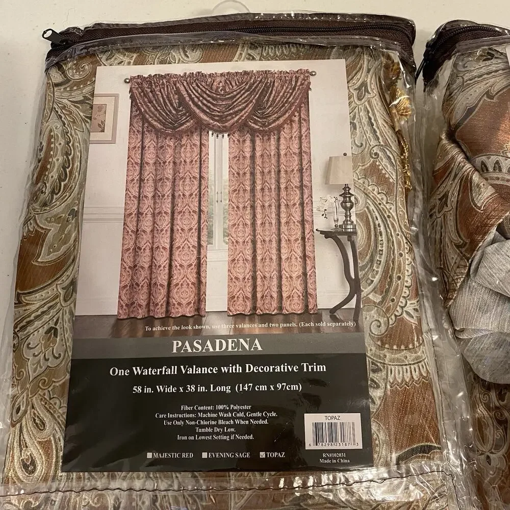 LotOf2 Home Curtain Window Waterfall Valance wDecorative Trim Topaz Gold Tassels